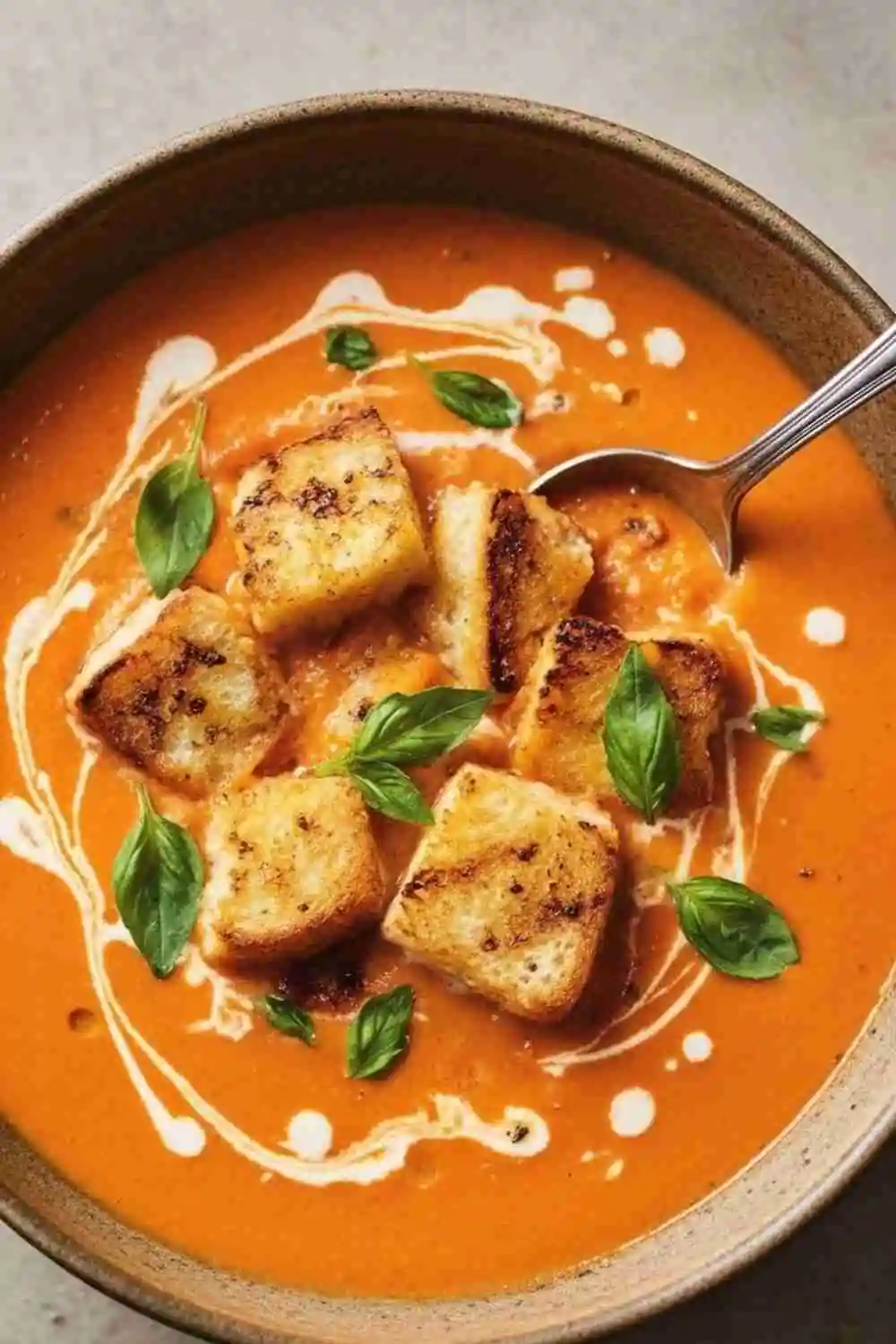 Creamy tomato bisque topped with grilled cheese croutons and fresh basil.