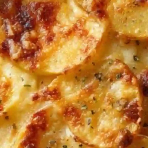 close-up Golden creamy and cheesy potato gratin, topped with perfectly browned, bubbly cheese.