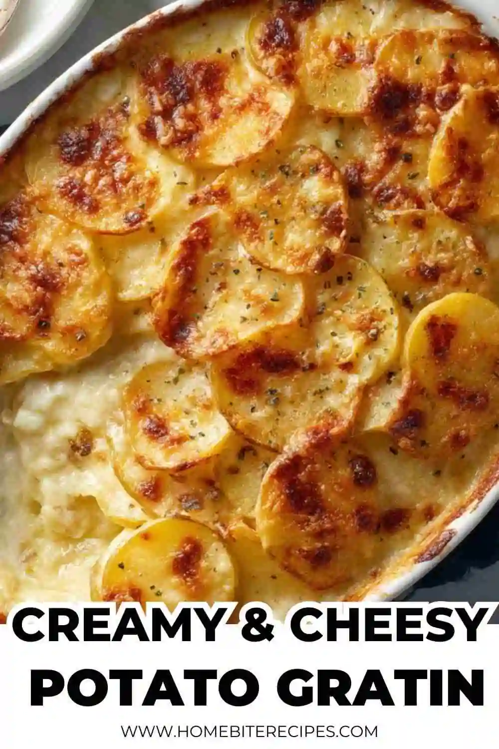 Golden baked potato gratin with creamy cheese sauce, topped with perfectly browned, bubbly cheese.