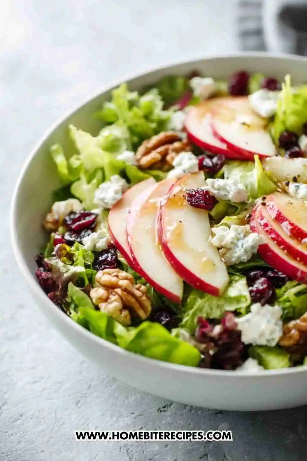 Fresh apple walnut salad with blue cheese, dried cranberries, and honey dressing in a white bowl.