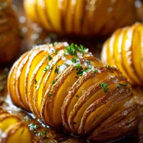 Golden brown air fryer Hasselback potatoes topped with garlic butter, herbs, and sea salt on a baking tray.