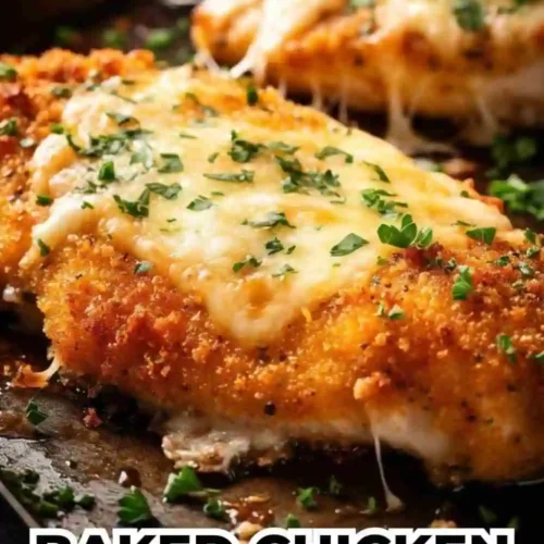 Crispy baked chicken breasts topped with melted cheese and sprinkled with fresh herbs, served on a baking tray.