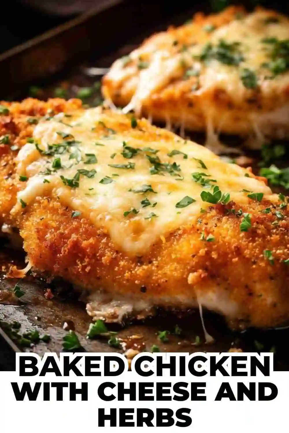 Crispy baked chicken breasts topped with melted cheese and sprinkled with fresh herbs, served on a baking tray.