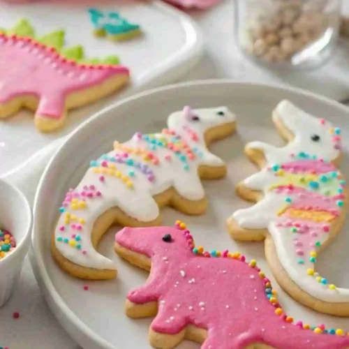 Colorful cute dinosaur sugar cookies decorated with royal icing and sprinkles on white plates.
