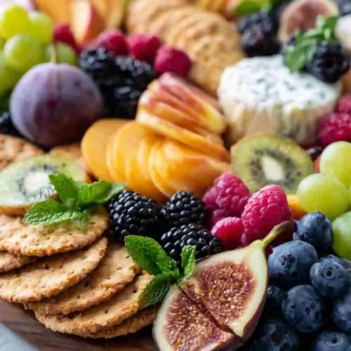 Colorful fruit and cheese board featuring grapes, figs, berries, kiwi, crackers, and assorted cheeses arranged beautifully on a wooden platter.