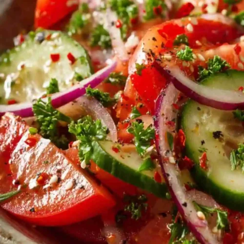 Fresh tomato cucumber salad with red onions, parsley, and sesame seeds in a light vinaigrette.
