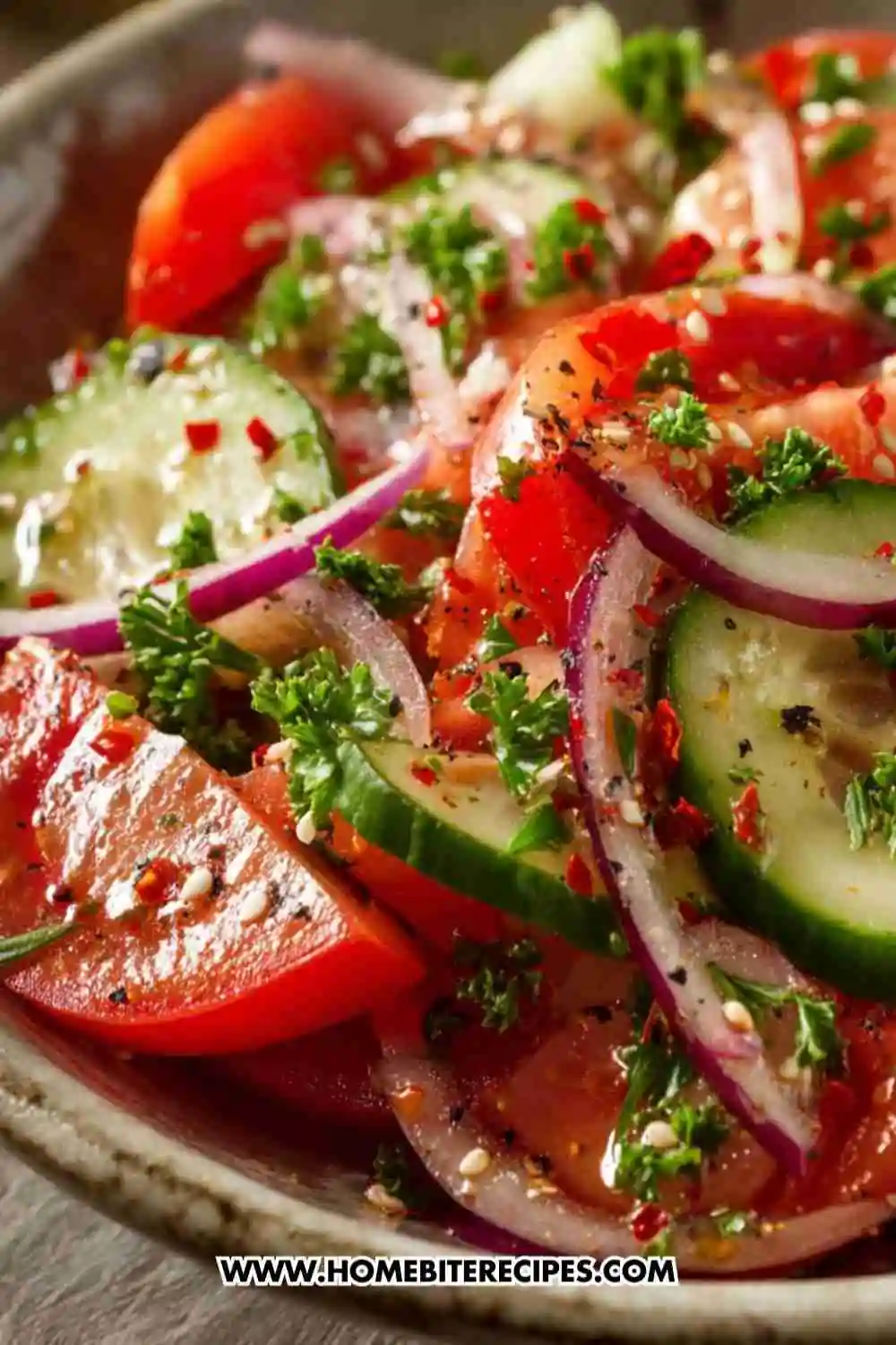 Fresh tomato cucumber salad with red onions, parsley, and sesame seeds in a light vinaigrette.