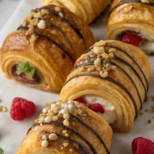 Flaky raspberry chocolate croissant rolls drizzled with chocolate and topped with crunchy crumbs, served with fresh raspberries.