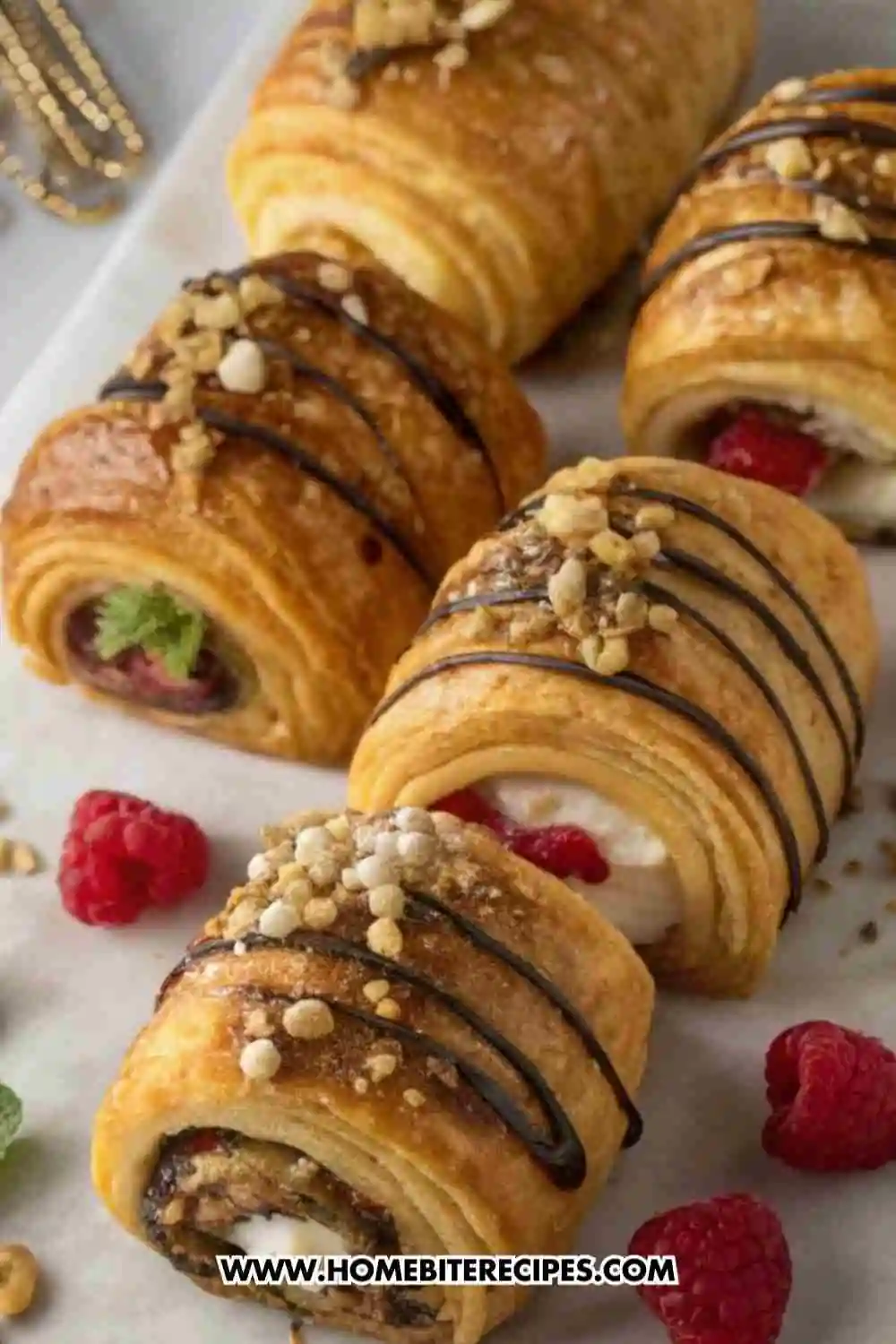 Flaky raspberry chocolate croissant rolls drizzled with chocolate and topped with crunchy crumbs, served with fresh raspberries.