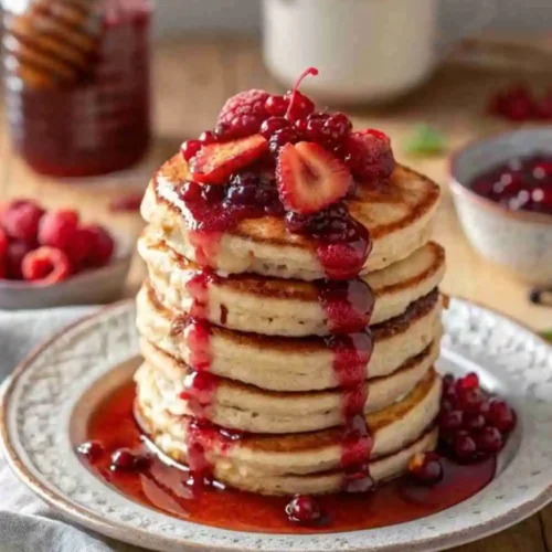 A tall stack of fluffy gluten-free pancakes topped with homemade berry compote made of strawberries, raspberries, and currants.