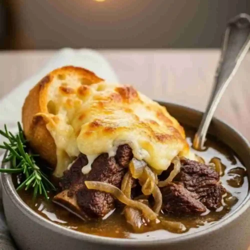 French onion short rib soup topped with melted cheese and toasted bread.