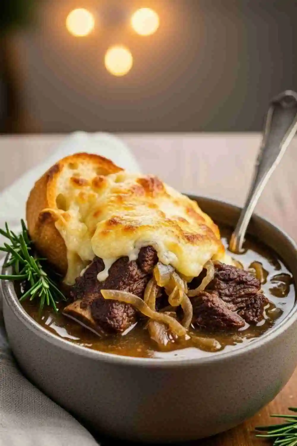 French onion short rib soup topped with melted cheese and toasted bread.
