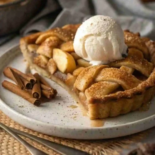 A slice of gluten-free apple pie topped with a scoop of vanilla ice cream, garnished with cinnamon sticks, on a rustic plate and cozy fall setting.