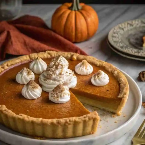 A gluten-free sweet potato pie with a golden almond flour crust, topped with whipped cream swirls and a sprinkle of cinnamon, set beside a small pumpkin.