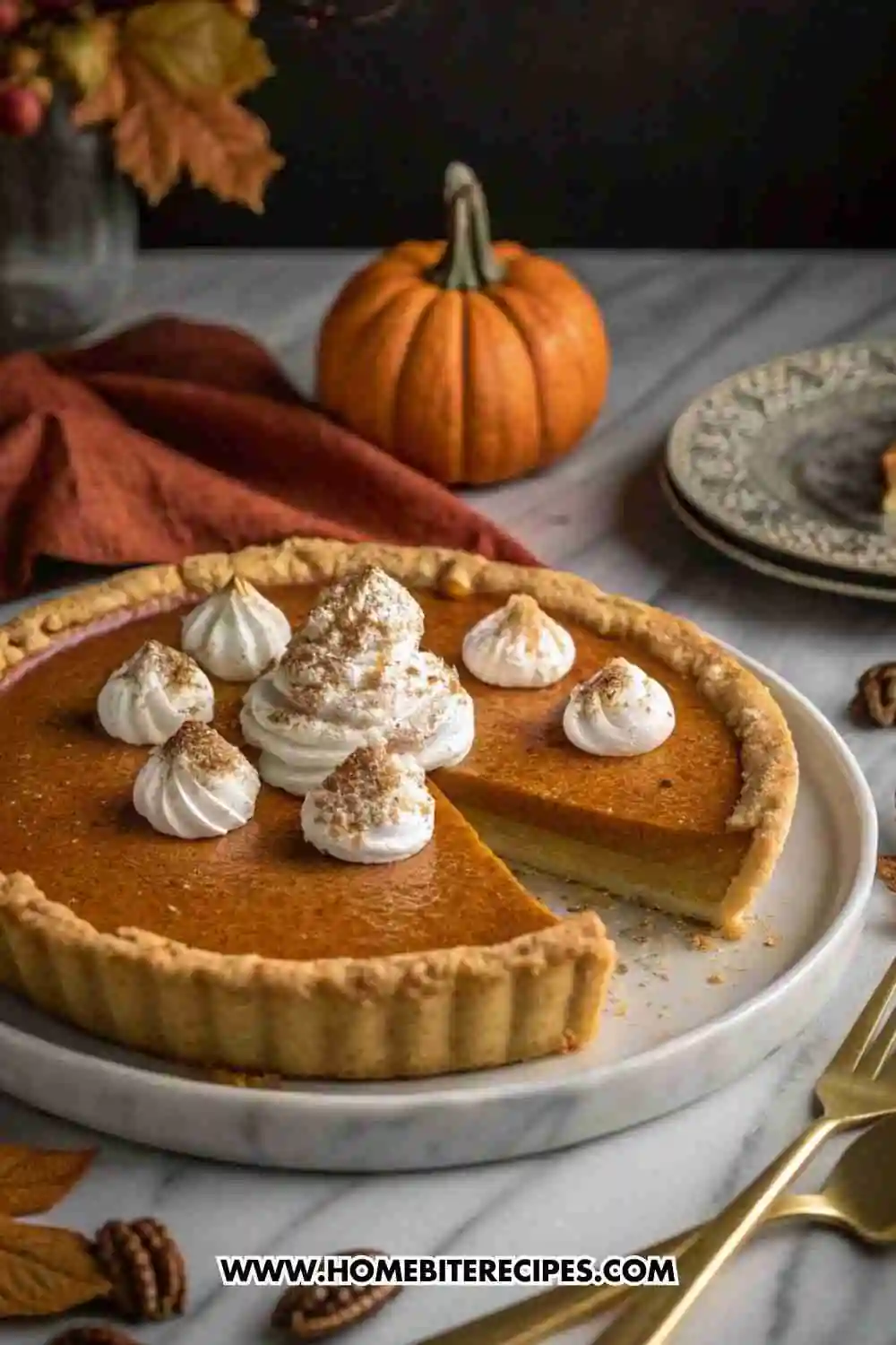 A gluten-free sweet potato pie with a golden almond flour crust, topped with whipped cream swirls and a sprinkle of cinnamon, set beside a small pumpkin.
