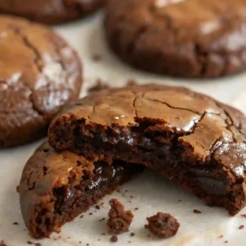 Close-up of fudgy chocolate brownie cookies with a shiny crackled top and gooey melted chocolate center on parchment paper.