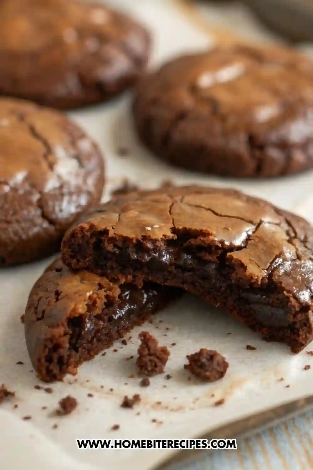 Close-up of fudgy chocolate brownie cookies with a shiny crackled top and gooey melted chocolate center on parchment paper.