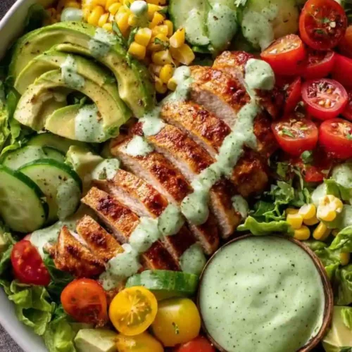 Healthy grilled chicken salad bowl with avocado, corn, cucumbers, cherry tomatoes, and creamy green dressing.
