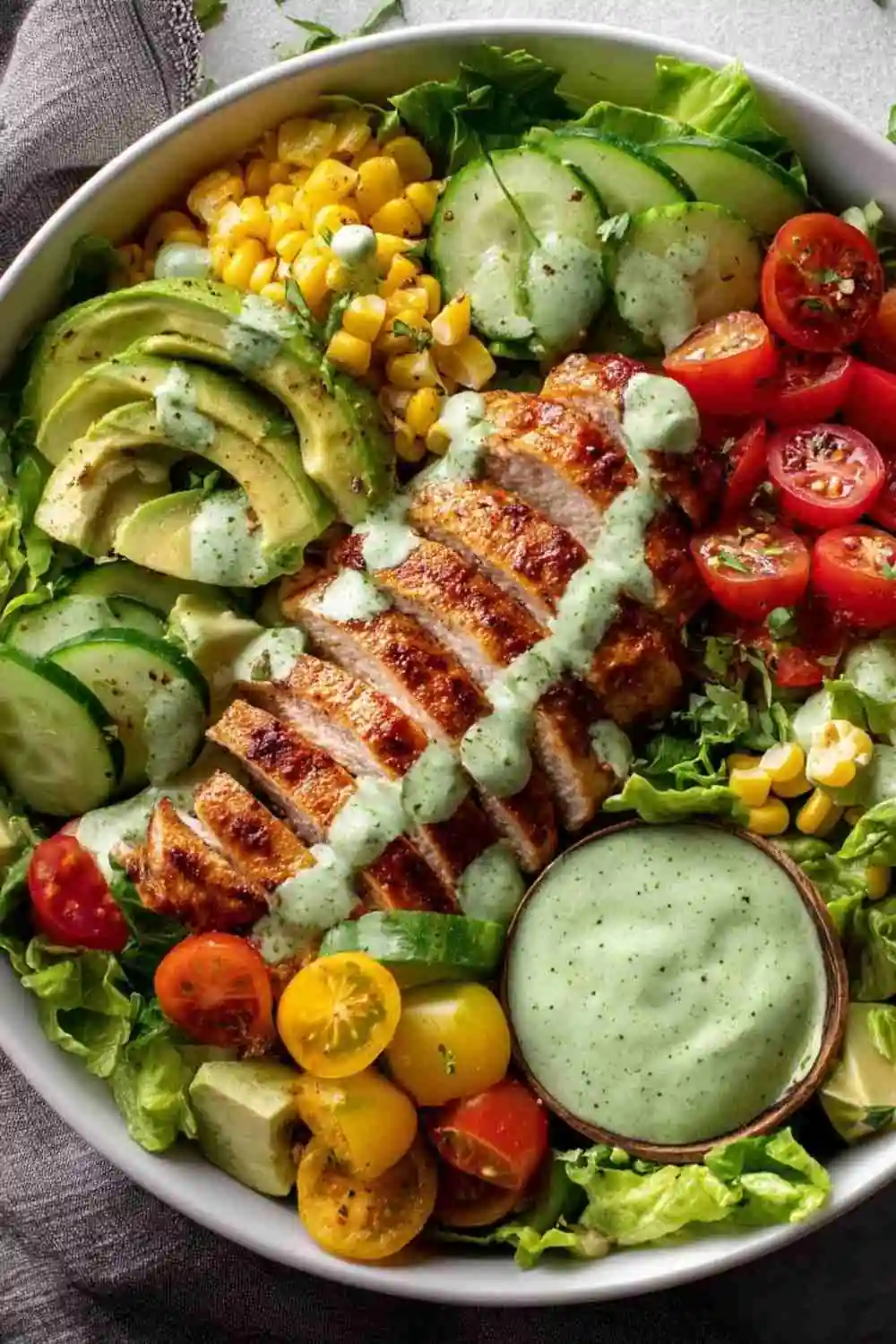 Healthy grilled chicken salad bowl with avocado, corn, cucumbers, cherry tomatoes, and creamy green dressing.