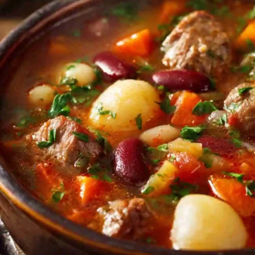 Bowl of hearty beef and vegetable stew with tender beef chunks, potatoes, carrots, and beans in a rich broth.