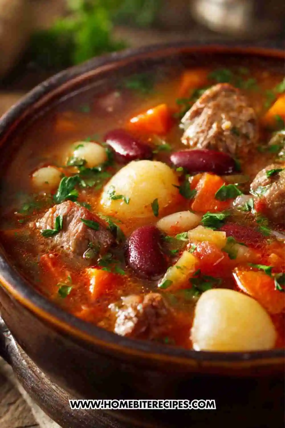 Bowl of hearty beef and vegetable stew with tender beef chunks, potatoes, carrots, and beans in a rich broth.