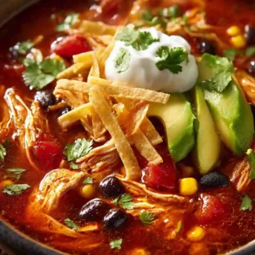 A bowl of hearty chicken tortilla soup topped with avocado slices, crispy tortilla strips, sour cream, and fresh cilantro.