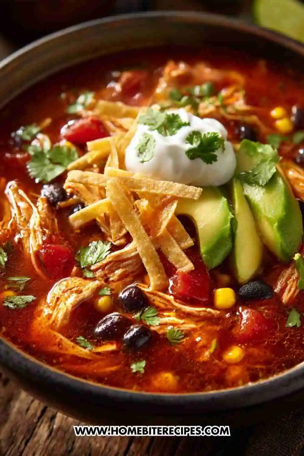 A bowl of hearty chicken tortilla soup topped with avocado slices, crispy tortilla strips, sour cream, and fresh cilantro.