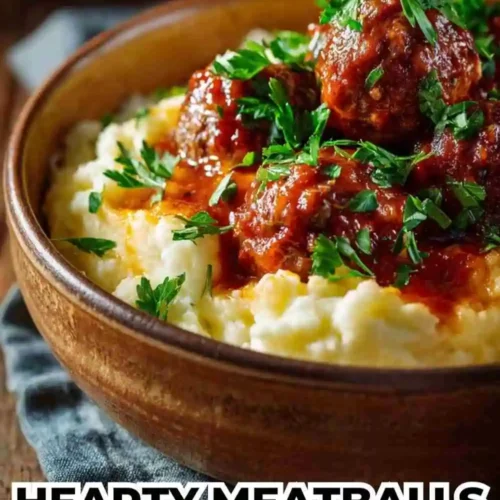 Bowl of creamy mashed potatoes topped with juicy meatballs in rich tomato sauce and fresh parsley.