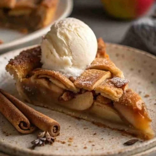 Homemade Apple Pie Slice with Vanilla Ice Cream, served on a ceramic plate with cinnamon sticks.