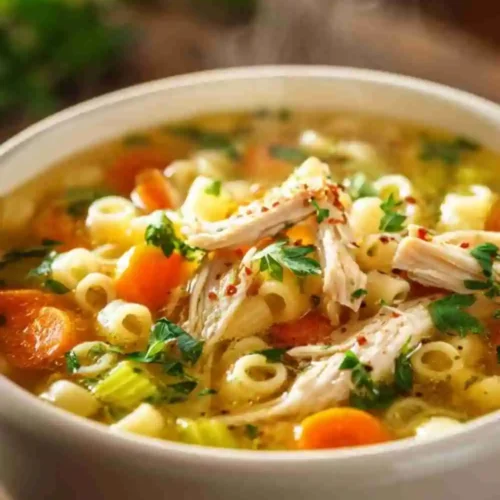 Steaming bowl of Homemade Chicken Noodle Soup with Vegetables, shredded chicken, noodles, carrots, celery, and herbs in a golden broth.