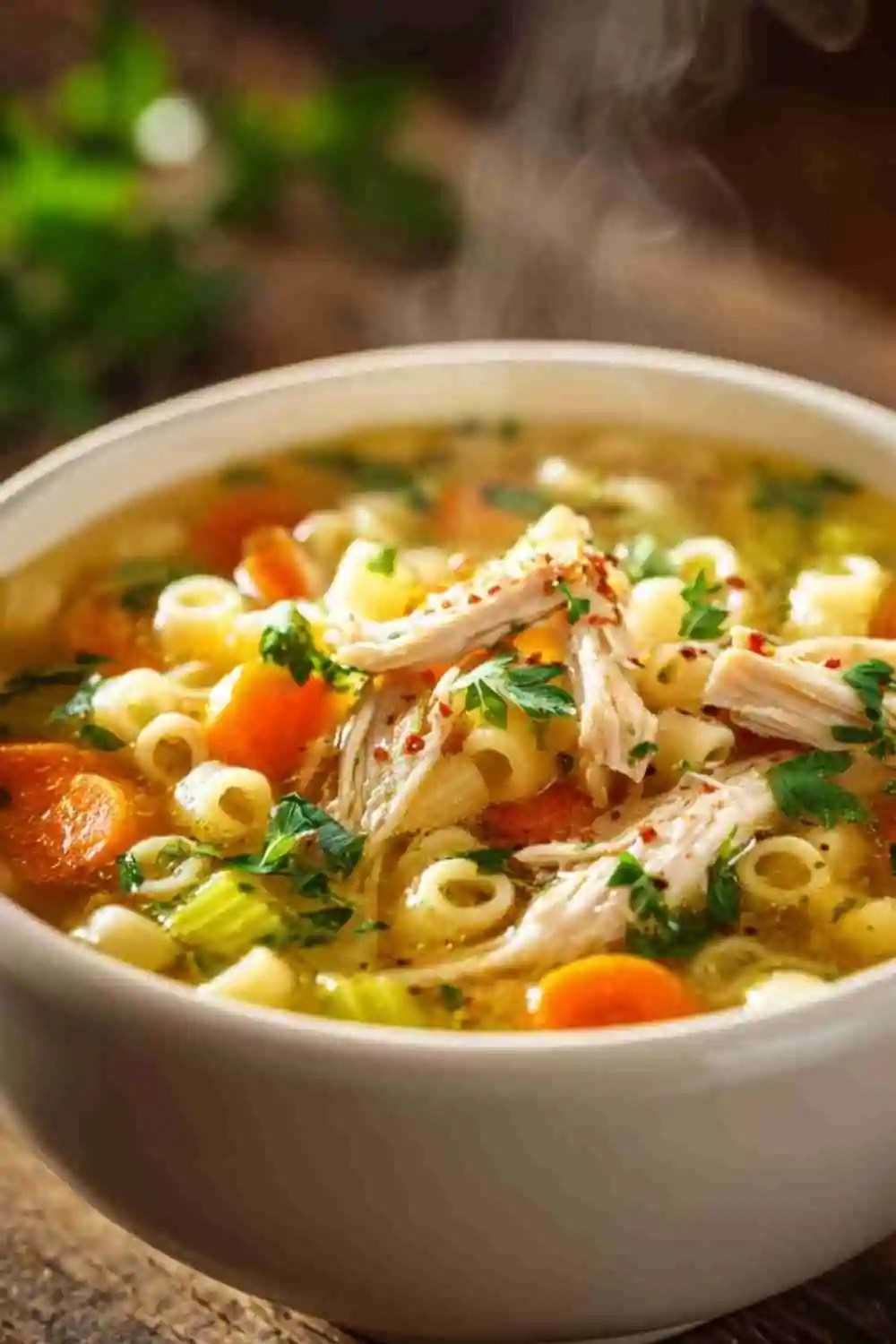 Steaming bowl of Homemade Chicken Noodle Soup with Vegetables, shredded chicken, noodles, carrots, celery, and herbs in a golden broth.