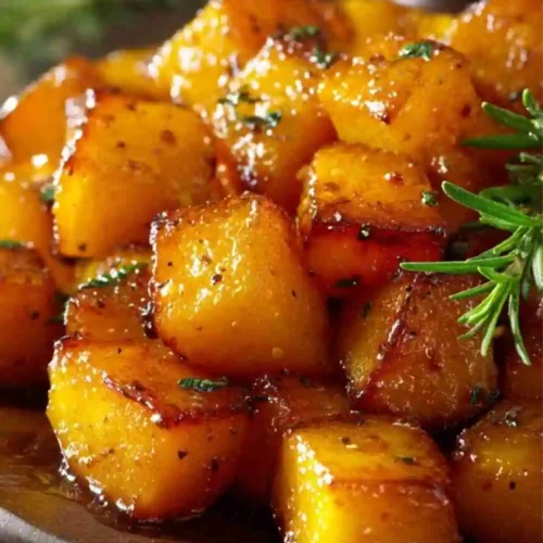 Golden honey roasted butternut squash cubes with herbs on a wooden plate, glistening with caramelized edges.