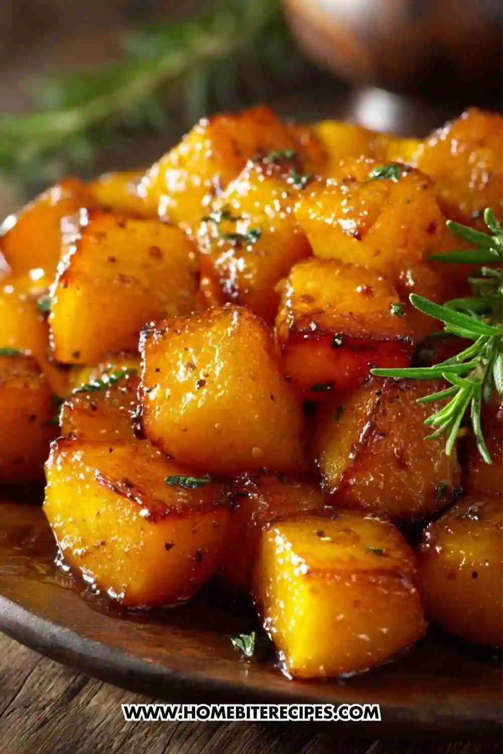 Golden honey roasted butternut squash cubes with herbs on a wooden plate, glistening with caramelized edges.