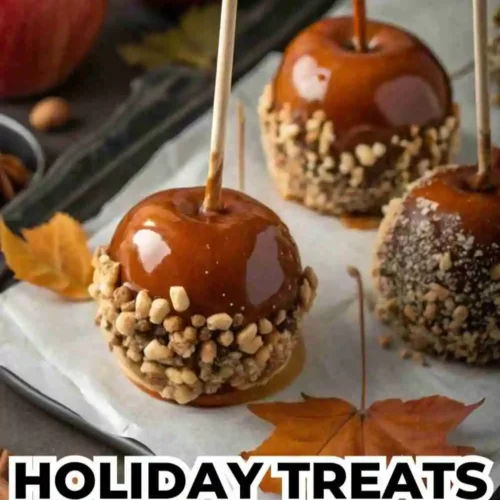 Irresistible Holiday Caramel Apples with Nuts on parchment paper, surrounded by autumn leaves and fresh apples.