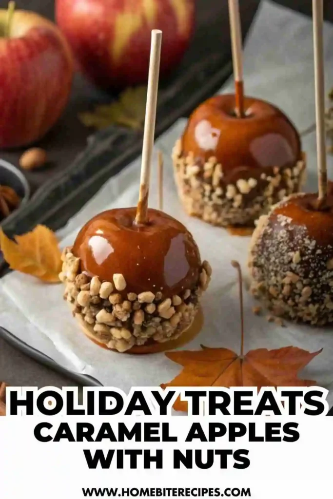 Irresistible Holiday Caramel Apples with Nuts on parchment paper, surrounded by autumn leaves and fresh apples.