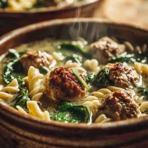 A bowl of steaming Italian Wedding Soup filled with meatballs, pasta, and fresh spinach, served in a rustic brown bowl on a wooden table.