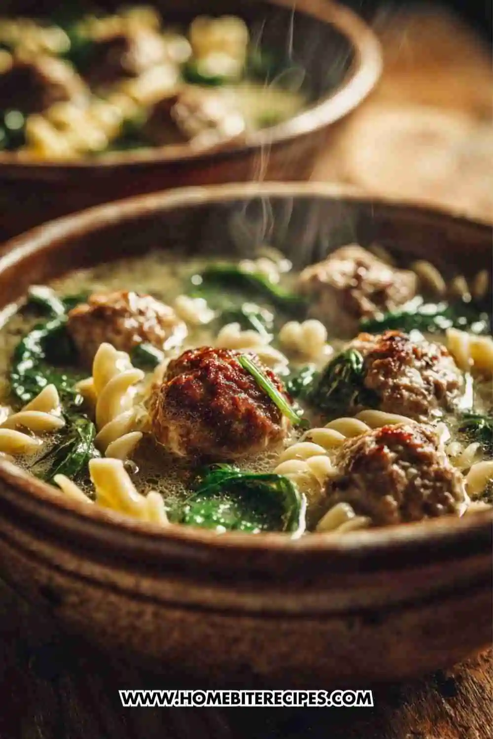 A bowl of steaming Italian Wedding Soup filled with meatballs, pasta, and fresh spinach, served in a rustic brown bowl on a wooden table.