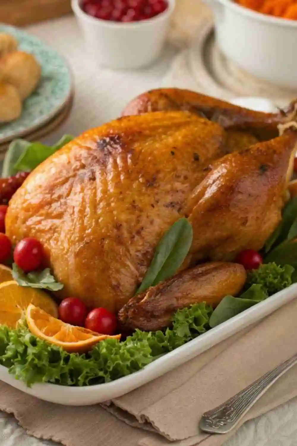Golden brown herb-roasted whole chicken garnished with fresh greens, orange slices, and cherry tomatoes.