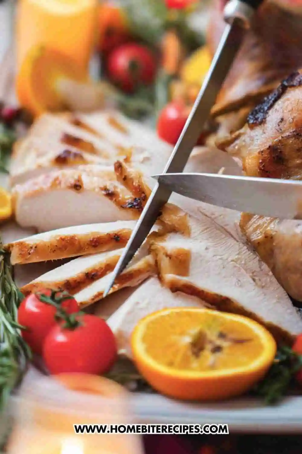 Juicy roast turkey being sliced with fresh herbs, oranges, and tomatoes on a festive platter.