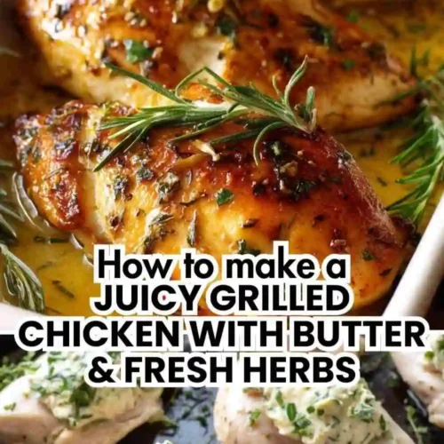 Juicy grilled chicken breasts topped with melted herb butter and garnished with fresh rosemary and thyme.