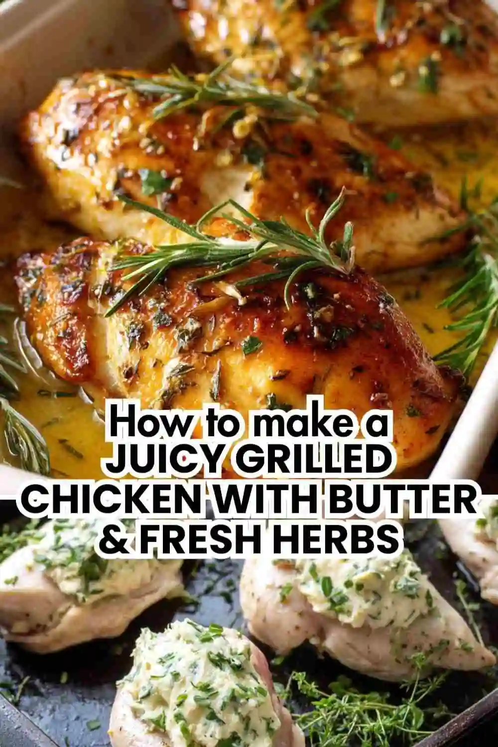 Juicy grilled chicken breasts topped with melted herb butter and garnished with fresh rosemary and thyme.
