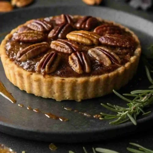 Mini pecan tart with golden buttery crust, gooey caramel filling, and roasted pecans on top.