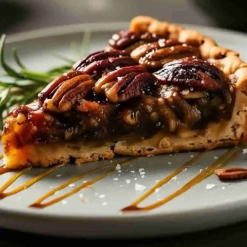 A slice of modern pecan pie with glossy caramelized pecans, flaky crust, sea salt flakes, and caramel drizzle on a plate.