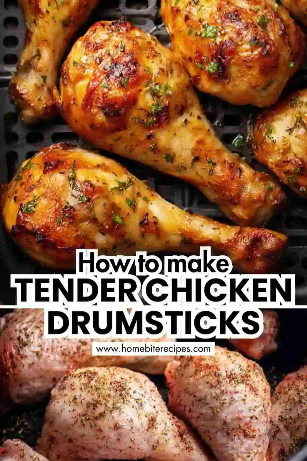 Crispy golden-brown air fryer chicken drumsticks garnished with herbs, perfectly cooked and juicy on the inside.