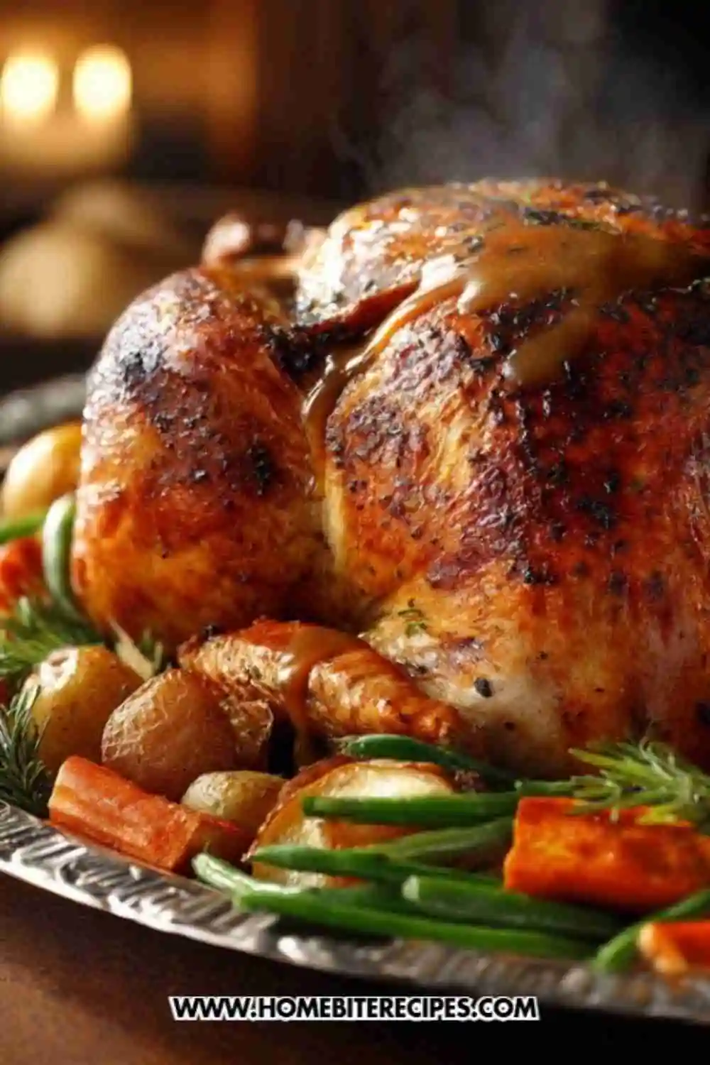 Golden Perfect Juicy Thanksgiving Roast Turkey Recipe topped with gravy, surrounded by roasted carrots, potatoes, and herbs on a serving platter.