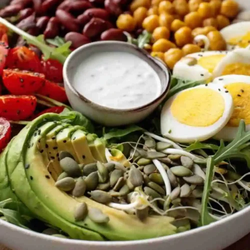 A colorful Protein-Packed Avocado Chickpea and Egg Salad, red kidney beans, cherry tomatoes, pumpkin seeds, and yogurt dressing on a bed of greens.