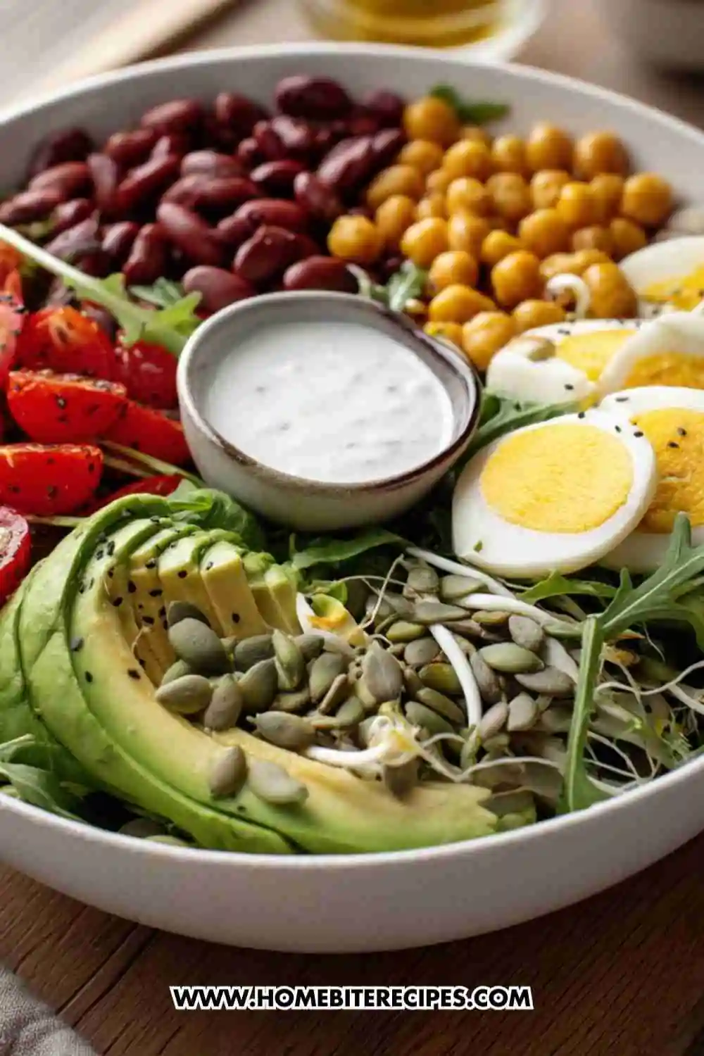 A colorful salad bowl with avocado slices, chickpeas, red kidney beans, cherry tomatoes, boiled eggs, pumpkin seeds, and yogurt dressing on a bed of greens.