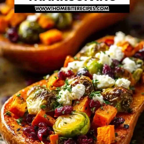 Roasted butternut squash halves filled with caramelized sweet potatoes, Brussels sprouts, feta cheese, and cranberries, garnished with herbs.