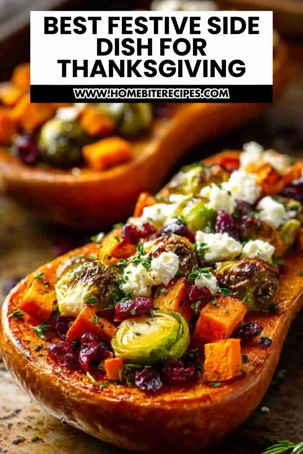 Roasted butternut squash halves filled with caramelized sweet potatoes, Brussels sprouts, feta cheese, and cranberries, garnished with herbs.