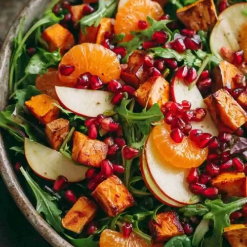 A vibrant salad with roasted sweet potatoes, arugula, pomegranate seeds, mandarin slices, and apple tossed in citrus vinaigrette.